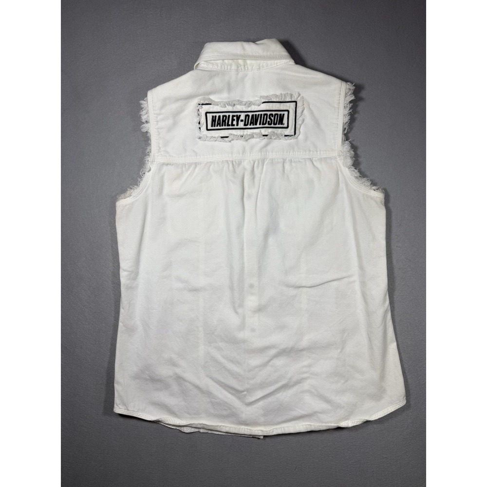 100% Cotton Harley Davidson Embroidered Women's White Cut Off Vest Size L Moto - Picture 6 of 10